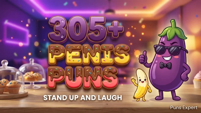 3D cover graphic displaying 305+ Penis Puns in bold purple and yellow typography with a cartoon eggplant mascot.