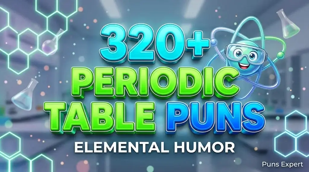 3D cover graphic displaying 320+ Periodic Table Puns in bold glowing typography with a friendly atom mascot.