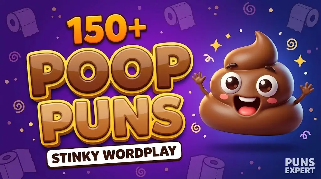 A vibrant 3D featured image with "150+ POOP PUNS" in bold brown and yellow typography and a cheerful cartoon poop mascot.