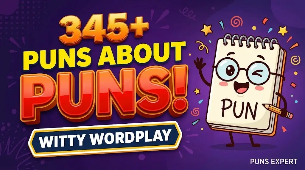A vibrant 3D featured image with "345+ PUNS ABOUT PUNS!" in bold yellow and orange typography and a winking notebook mascot.