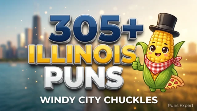 3D cover graphic displaying 305+ Illinois Puns in bold blue and gold typography with a cute cartoon sweet corn mascot.