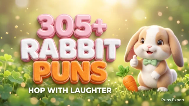 3D cover graphic displaying 305+ Rabbit Puns in bold pastel pink and orange typography with a cute cartoon bunny mascot.