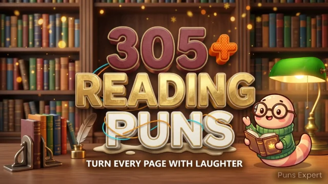 3D cover graphic displaying 305+ Reading Puns in burgundy and gold typography with a cute cartoon bookworm mascot reading in a library.