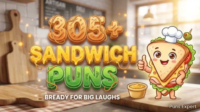 3D cover graphic displaying 305+ Sandwich Puns in bold toasted crust amber and melted cheese yellow typography with a cute cartoon club sandwich mascot.