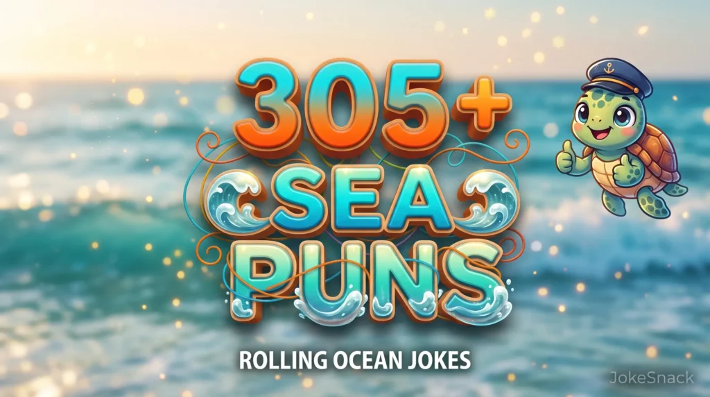305+ sea puns written in bold cyan 3D typography beside a cheerful cartoon sea turtle mascot.