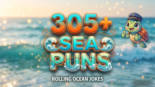 305+ sea puns written in bold cyan 3D typography beside a cheerful cartoon sea turtle mascot.