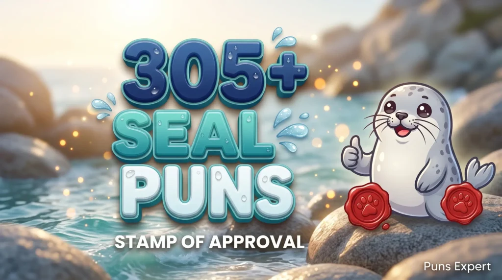 3D cover graphic displaying 305+ Seal Puns in bold navy and aqua-teal typography with a cute cartoon harbor seal mascot.