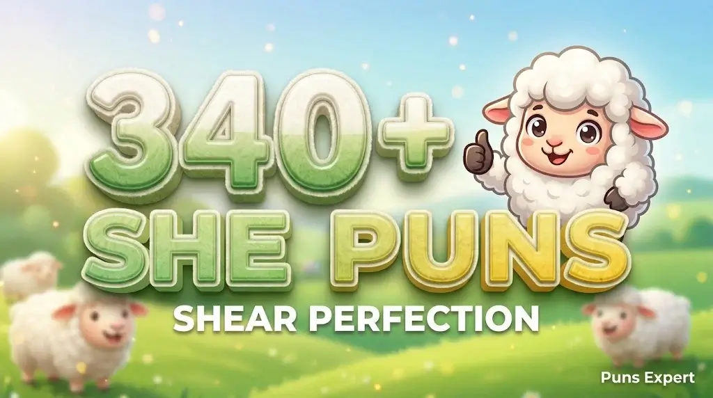 3D cover graphic displaying 340+ Sheep Puns in bold ivory typography with a cheerful fluffy sheep mascot.