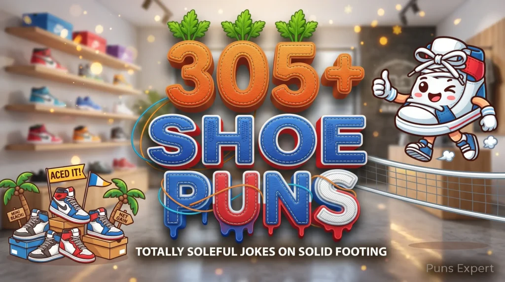 3D cover graphic displaying 305+ Shoe Puns in royal blue and crimson typography with a cheerful cartoon sneaker mascot giving a double thumbs-up.