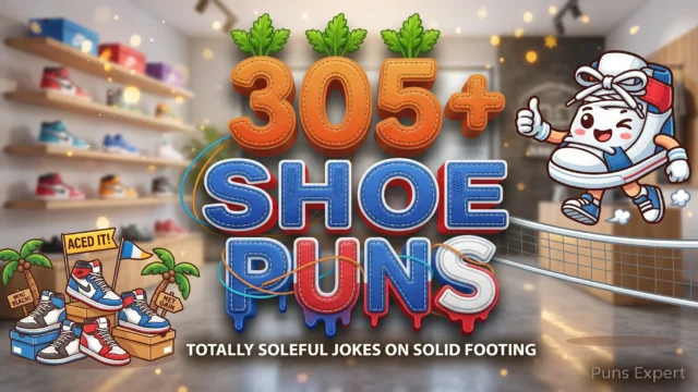 3D cover graphic displaying 305+ Shoe Puns in royal blue and crimson typography with a cheerful cartoon sneaker mascot giving a double thumbs-up.