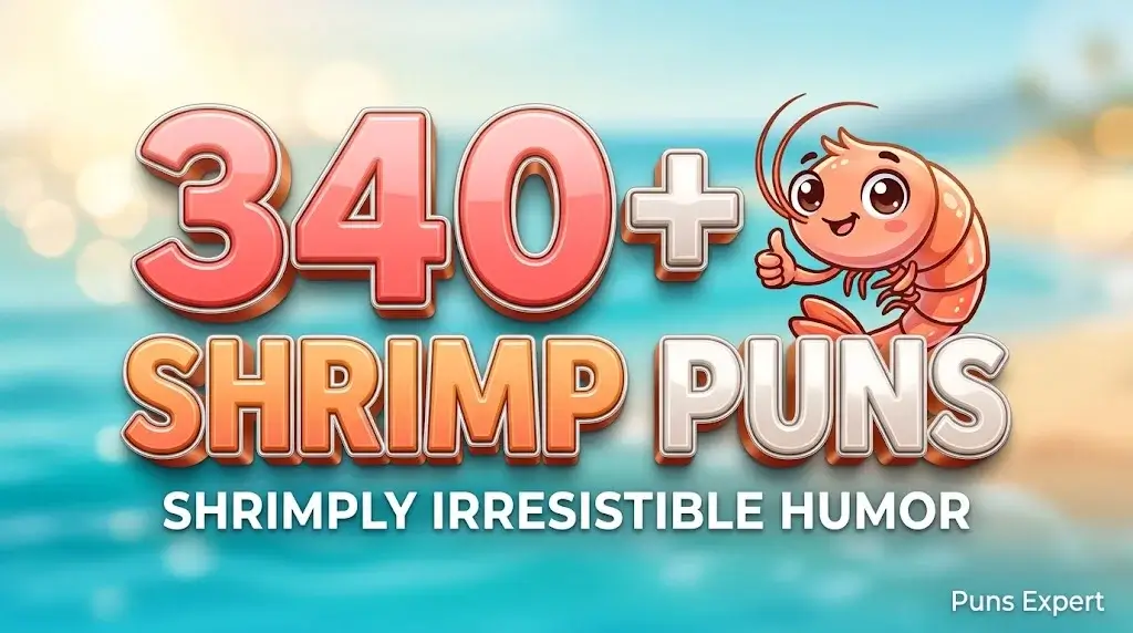 3D cover graphic displaying 340+ Shrimp Puns in bold coral typography with a cheerful cartoon shrimp mascot.