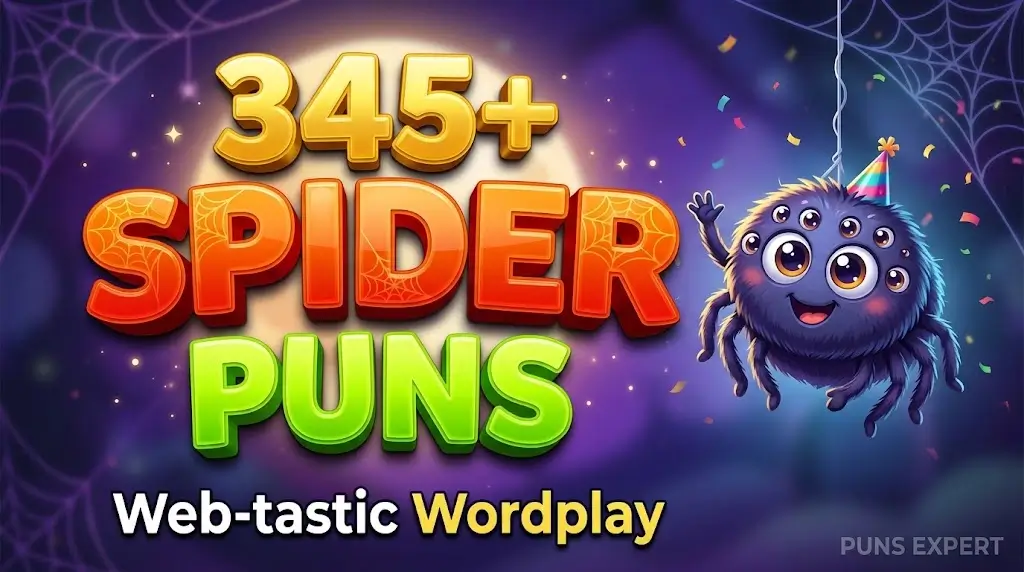 345+ Spider Puns thumbnail featuring a friendly fuzzy cartoon spider mascot next to massive 3D textured text.