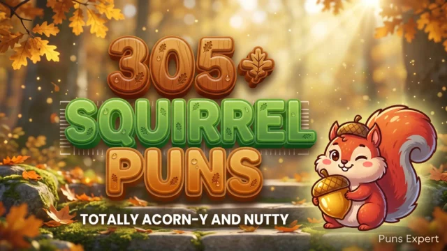 3D cover graphic displaying 305+ Squirrel Puns in wood grain and amber typography with a cute cartoon squirrel mascot holding a golden acorn.
