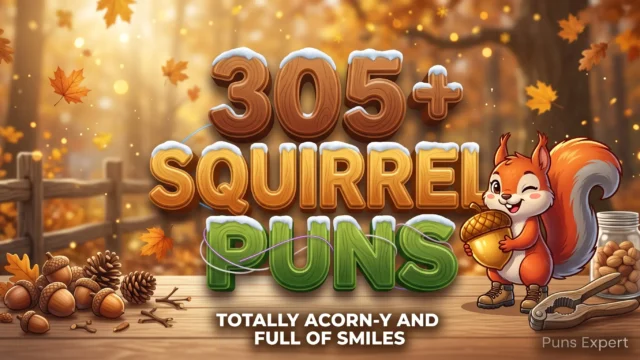 3D cover graphic displaying 305+ Squirrel Puns in warm acorn brown and amber typography with a cute cartoon squirrel holding a golden acorn.