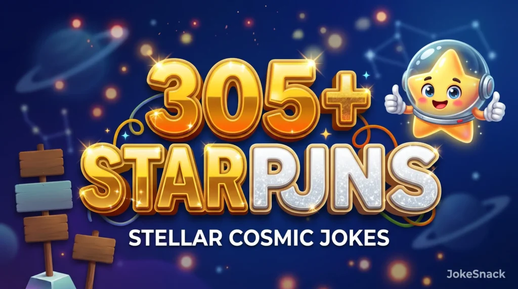 305+ star puns in bold 3D typography beside a cheerful cartoon astronaut star mascot floating in space.