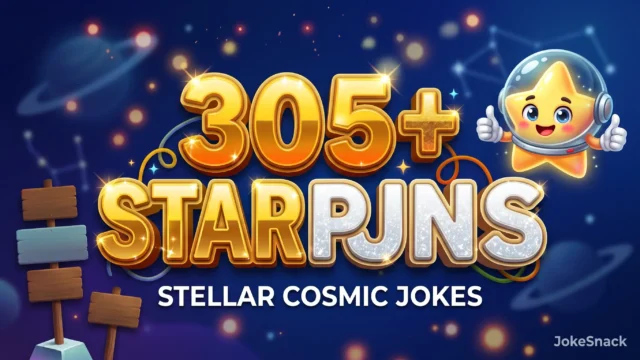 305+ star puns in bold 3D typography beside a cheerful cartoon astronaut star mascot floating in space.