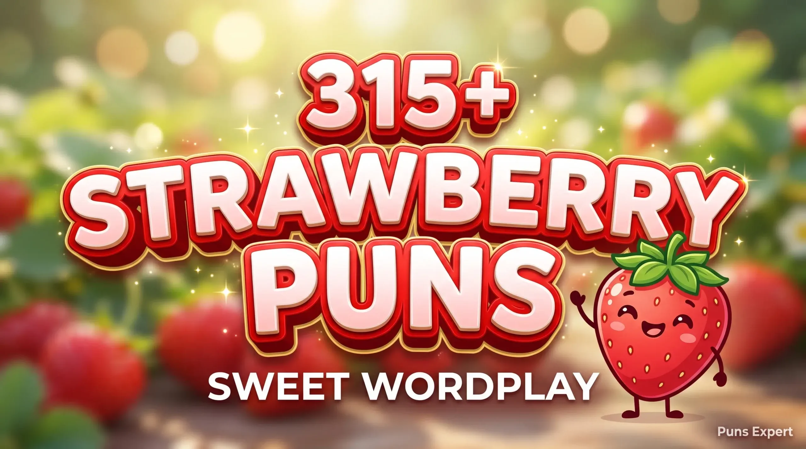 A vibrant 3D featured image displaying large text for 315+ Strawberry Puns and a happy strawberry mascot.
