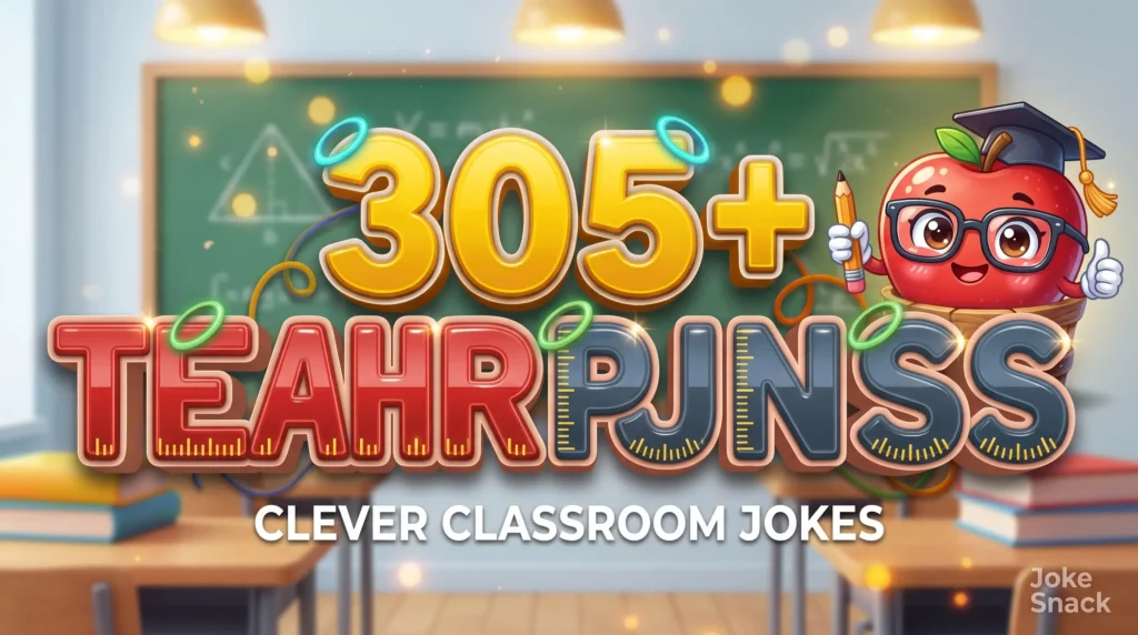 305+ teacher puns in bold 3D typography beside a cheerful cartoon red apple teacher mascot wearing glasses and a graduation cap.