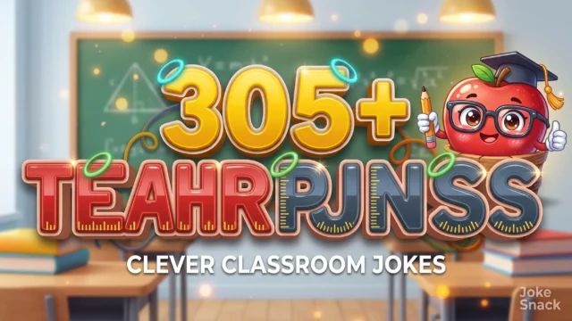 305+ teacher puns in bold 3D typography beside a cheerful cartoon red apple teacher mascot wearing glasses and a graduation cap.