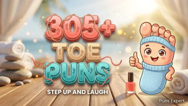 3D cover graphic displaying 305+ Toe Puns in bold coral pink and turquoise typography with a cute cartoon smiling foot mascot.