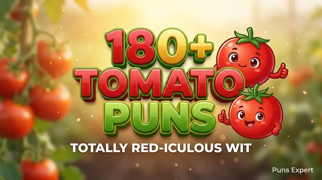 3D cover graphic displaying 180+ Tomato Puns in bold red typography with a cute cartoon tomato mascot.