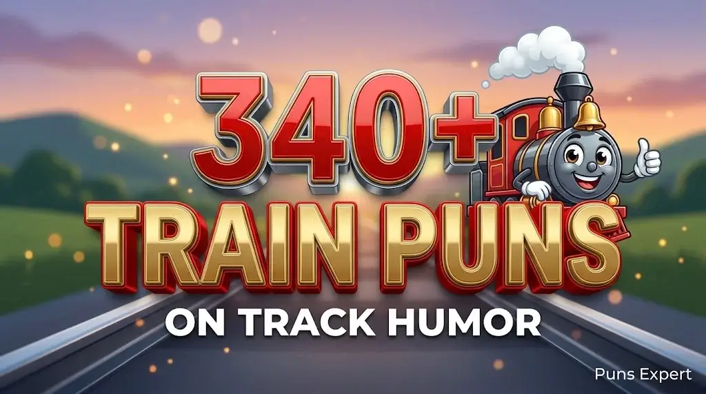 3D cover graphic displaying 340+ Train Puns in bold red typography with a cheerful steam engine mascot.