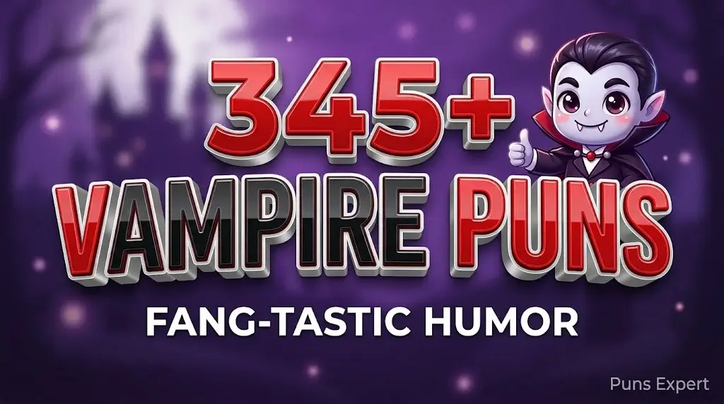 3D cover graphic displaying 345+ Vampire Puns in bold crimson typography with a friendly cartoon vampire mascot.