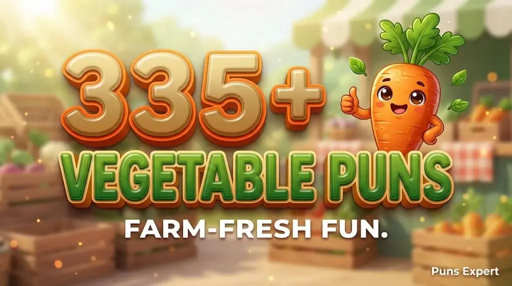 3D cover graphic displaying 335+ Vegetable Puns in bold orange typography with a cheerful cartoon carrot mascot.