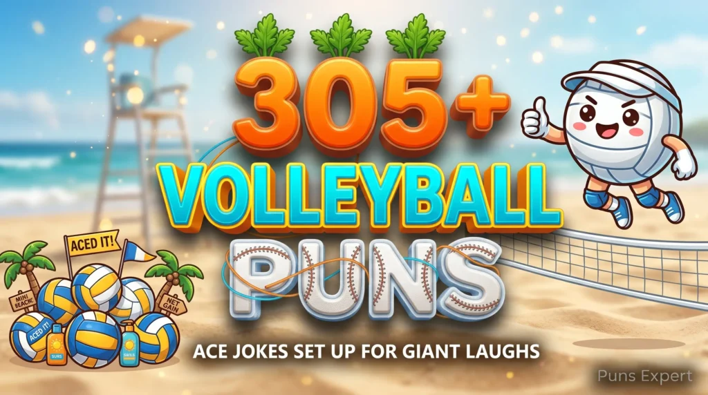 3D cover graphic displaying 305+ Volleyball Puns in cyan and sun-gold typography with a cute leaping volleyball mascot wearing knee pads.