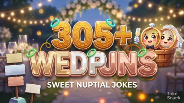 305+ wedding puns in bold 3D typography beside a cheerful cartoon wedding rings mascot couple toasting with champagne.