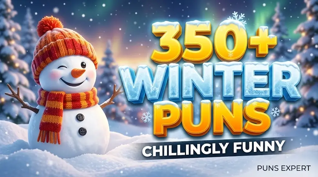 350+ WINTER PUNS" written in big 3D letters, next to a smiling winking cartoon snowman with the tagline "CHILLINGLY FUNNY".