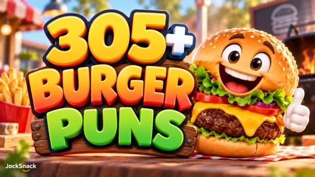 Colorful 3D Burger Puns thumbnail featuring a smiling cheeseburger mascot, bold lettering, and a lively burger restaurant.