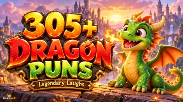 Colorful 3D Dragon Puns thumbnail featuring a cute green dragon breathing fire, bold lettering, and a magical fantasy castle.