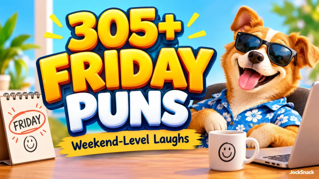 305+ Friday Puns in bold 3D lettering with a cheerful weekend-themed mascot
