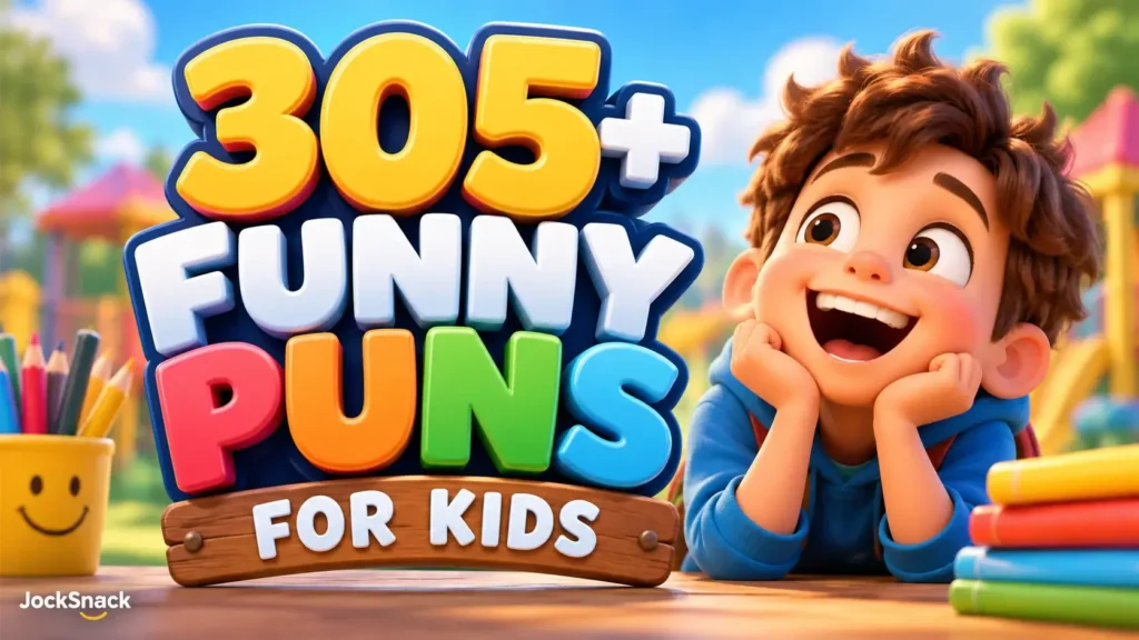 Colorful 3D Funny Puns for Kids typography featuring a cheerful cartoon boy, school supplies, and a playful background.