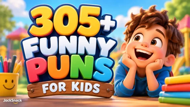 Colorful 3D Funny Puns for Kids typography featuring a cheerful cartoon boy, school supplies, and a playful background.