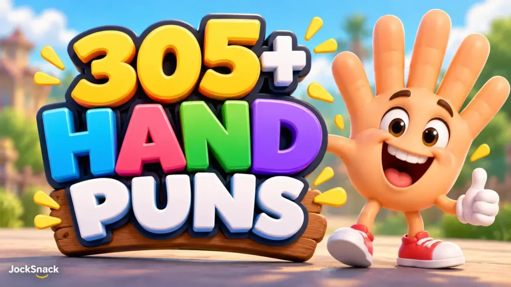 Colorful 3D Hand Puns thumbnail featuring a smiling cartoon hand giving a thumbs-up beside bold lettering.