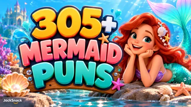 Colorful 3D Mermaid Puns thumbnail featuring a smiling red-haired mermaid, seashells, starfish, and bold underwater typography.
