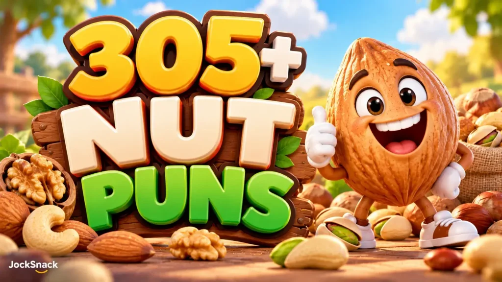 Colorful 3D Nut Puns thumbnail featuring a smiling almond mascot, walnuts, cashews, pistachios, and bold lettering.