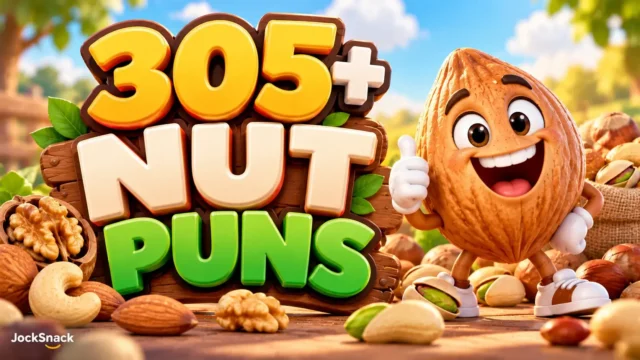Colorful 3D Nut Puns thumbnail featuring a smiling almond mascot, walnuts, cashews, pistachios, and bold lettering.