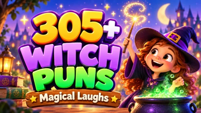 Colorful 3D Witch Puns thumbnail featuring a cheerful cartoon witch, glowing green cauldron, magic wand, and Halloween castle.