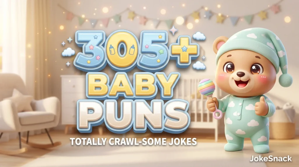 305+ baby puns in bold 3D pastel baby-blue and yellow typography beside a cheerful cartoon baby bear cub mascot holding a rattle.