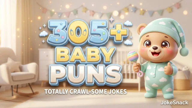 305+ baby puns in bold 3D pastel baby-blue and yellow typography beside a cheerful cartoon baby bear cub mascot holding a rattle.