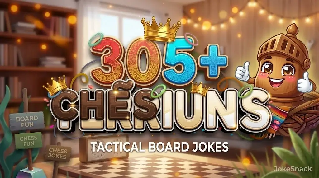 305+ chess puns in bold 3D walnut and ivory typography beside a cheerful cartoon knight mascot giving a thumbs-up.