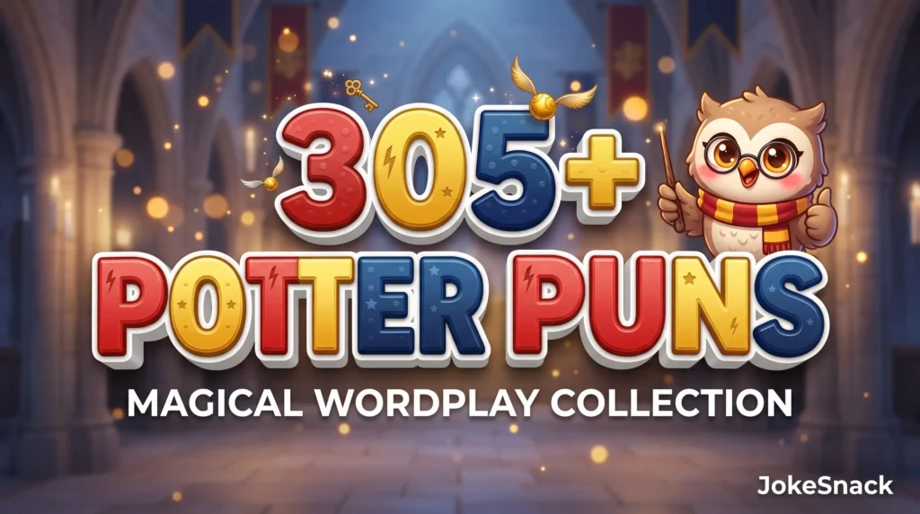 Featured thumbnail graphic for Harry Potter puns with 3D title 305+ POTTER PUNS and an owl mascot in a wizard scarf.