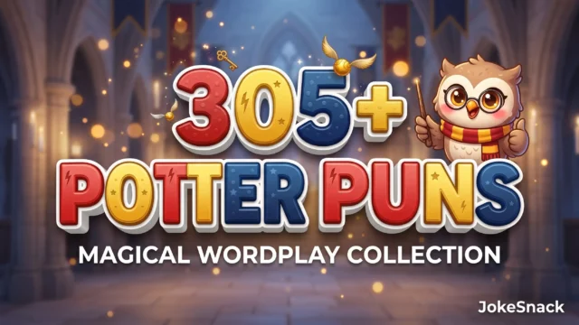 Featured thumbnail graphic for Harry Potter puns with 3D title 305+ POTTER PUNS and an owl mascot in a wizard scarf.