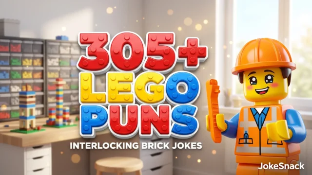 305+ Lego puns in bold 3D red and yellow studded typography beside a cheerful cartoon builder mascot holding a brick separator.