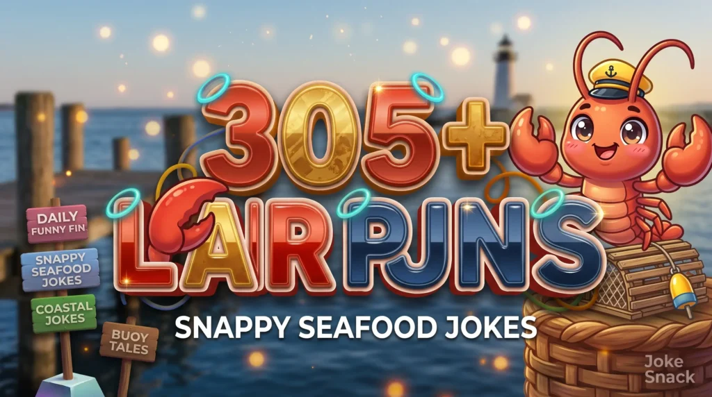 305+ lobster puns in bold 3D typography beside a cheerful cartoon lobster mascot wearing a sailor hat next to a wooden trap.