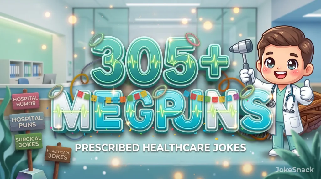 305+ medical puns in bold 3D teal typography beside a cheerful cartoon doctor mascot wearing a stethoscope and lab coat.