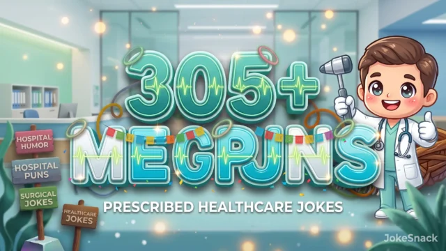 305+ medical puns in bold 3D teal typography beside a cheerful cartoon doctor mascot wearing a stethoscope and lab coat.